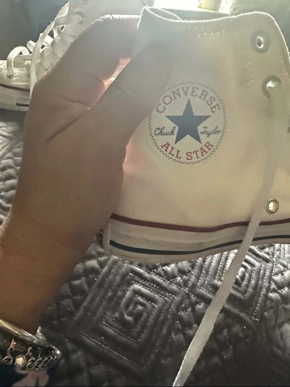 Converse White High Top Sneakers with Red & Blue Trim - Picture 4 of 8